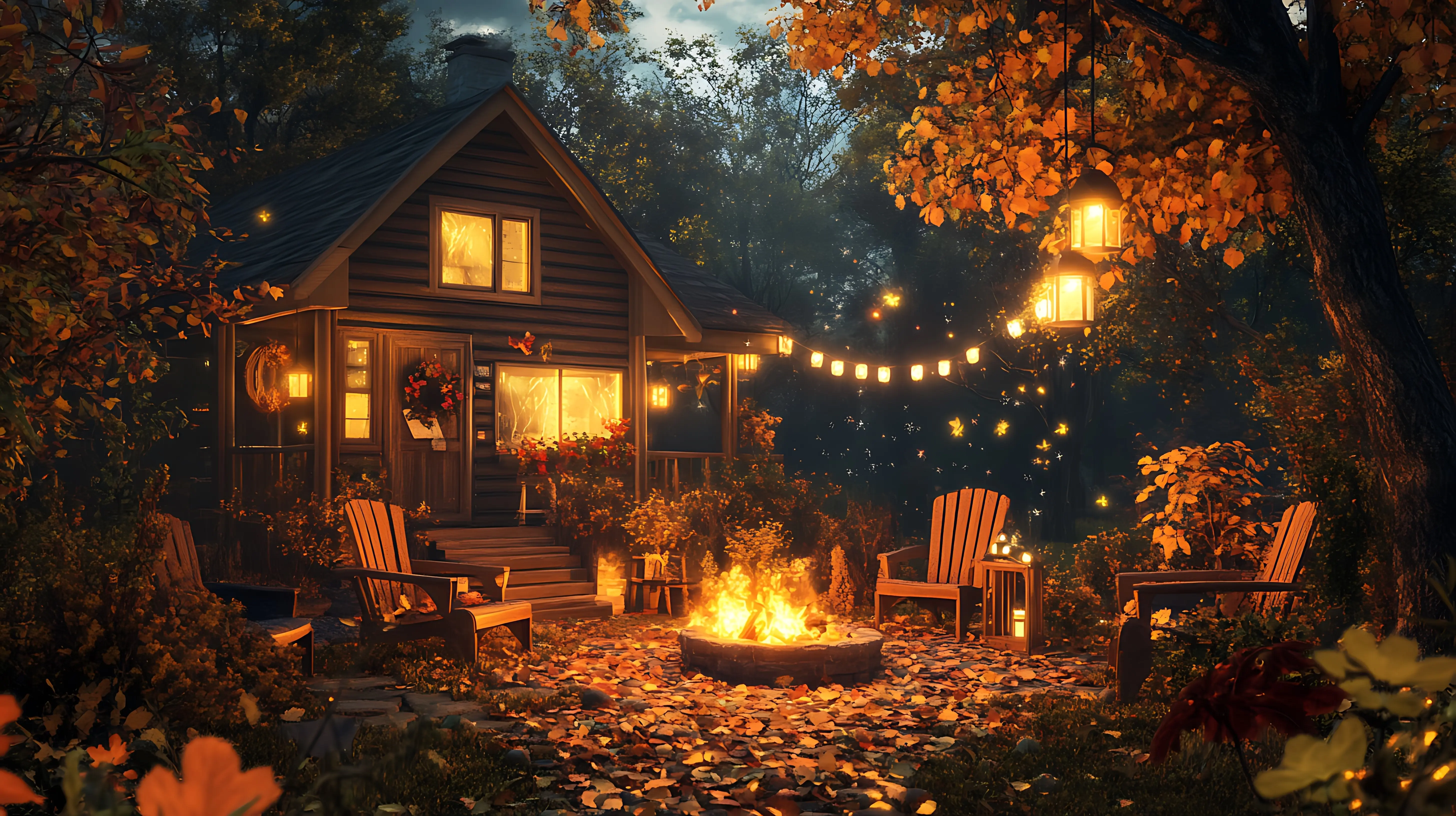 In the yard, a fire pit is surrounded by chairs.