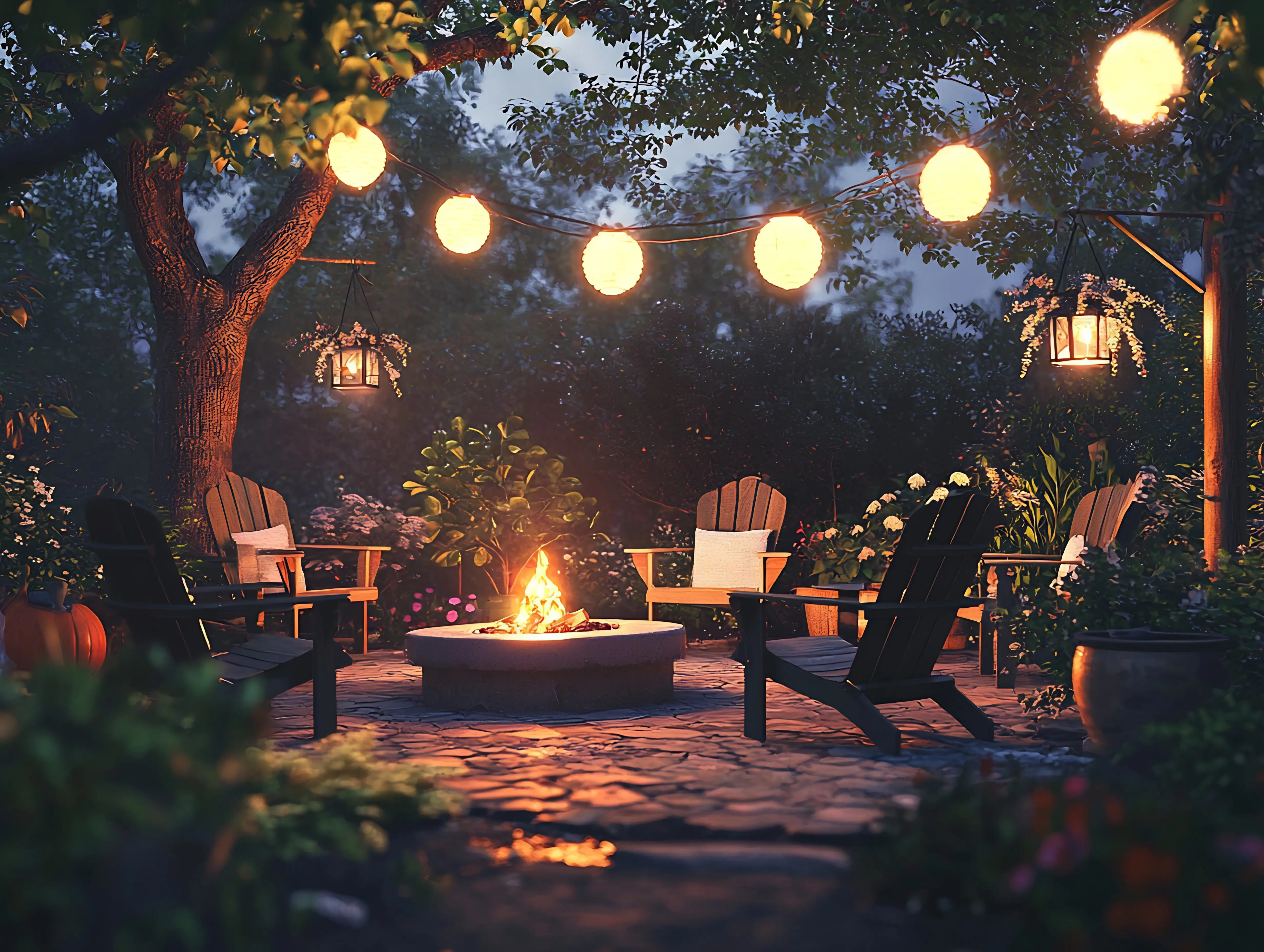 A cozy garden seating area with an Adirondack chair, a fire pit, and a potted plant, with the surrounding area illuminated by a lantern.