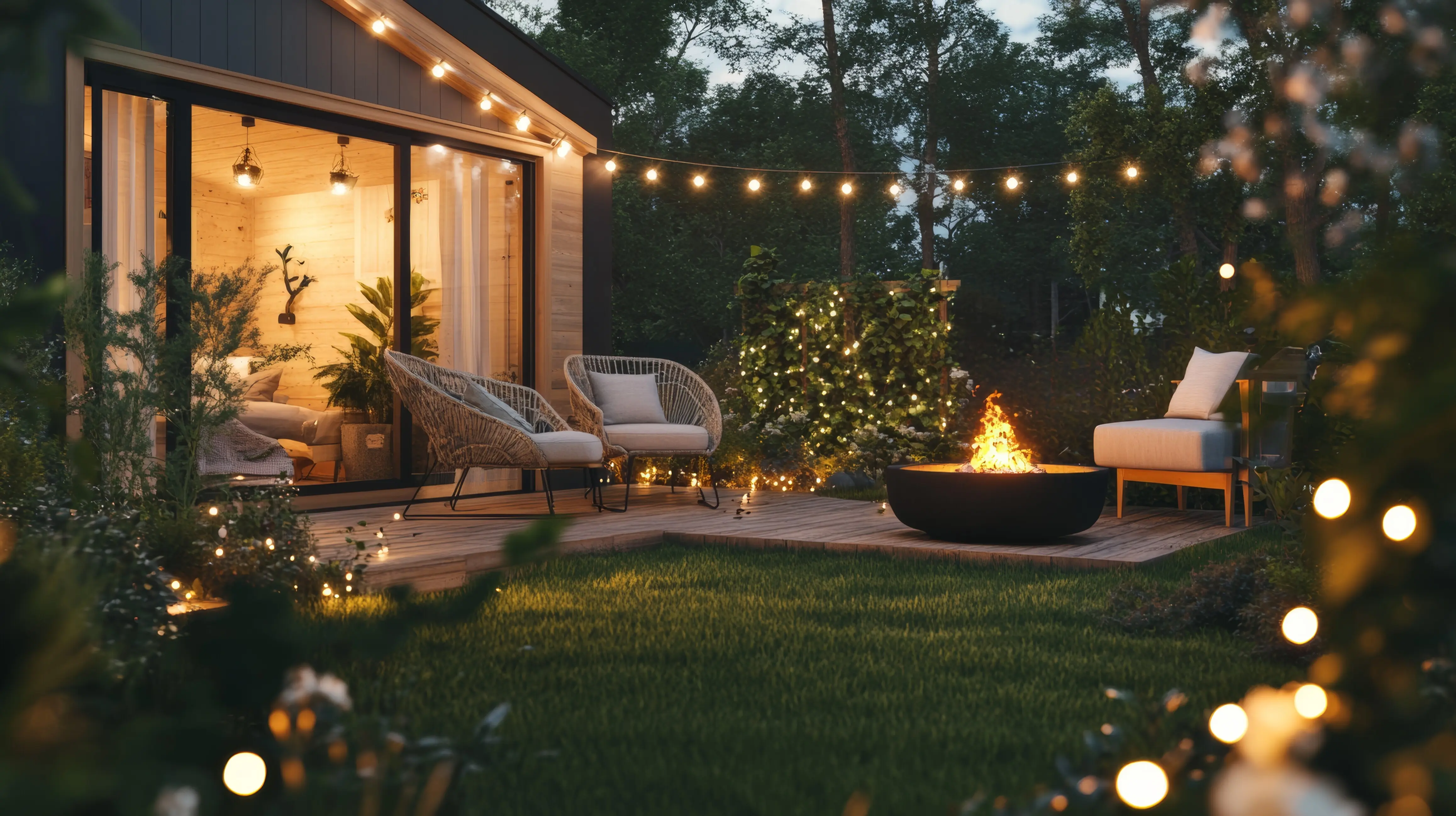 Welcoming outdoor patio featuring a fire pit and lights, AI-generated.
