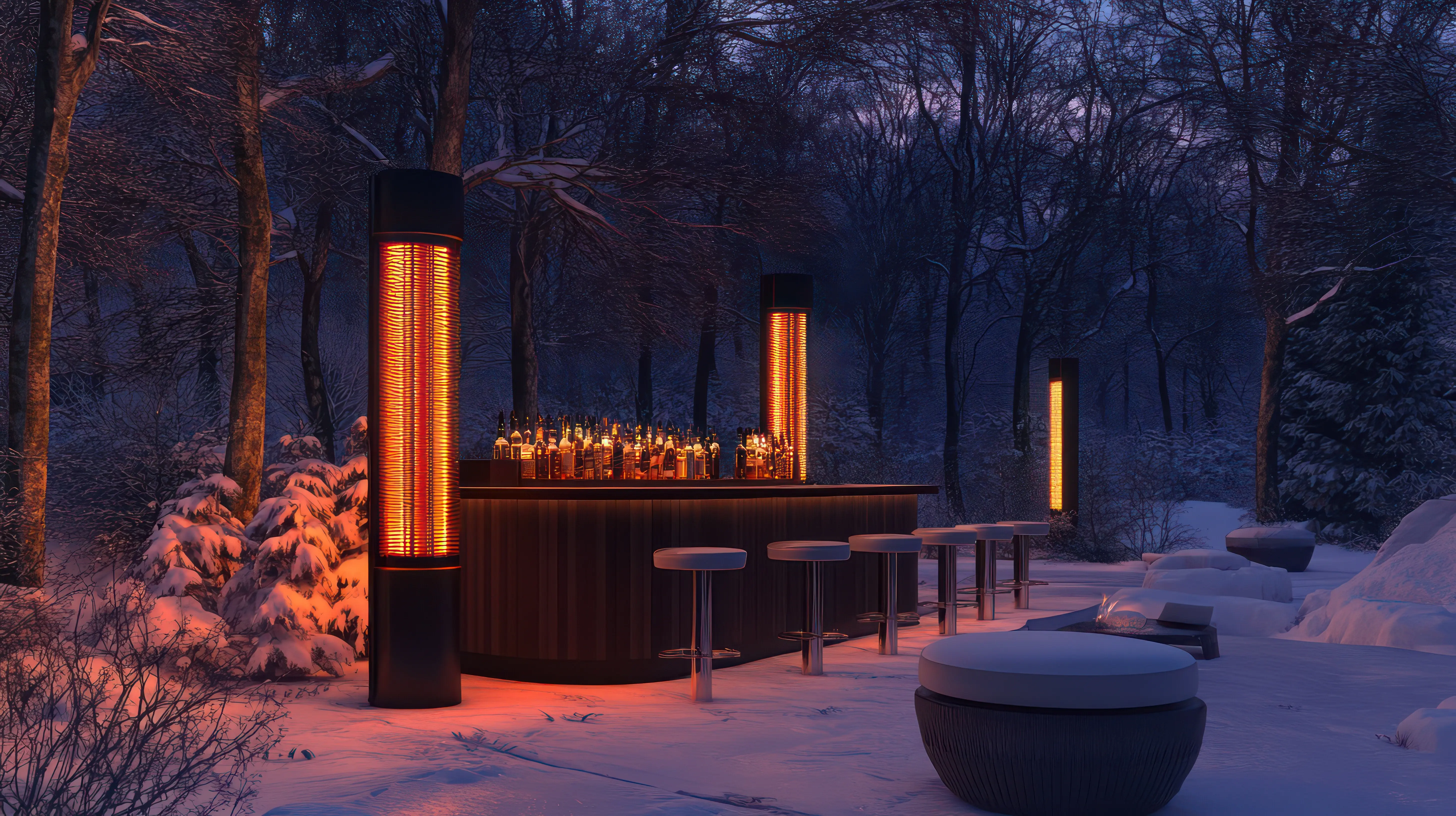 a winter wonderland featuring a fountain and chairs