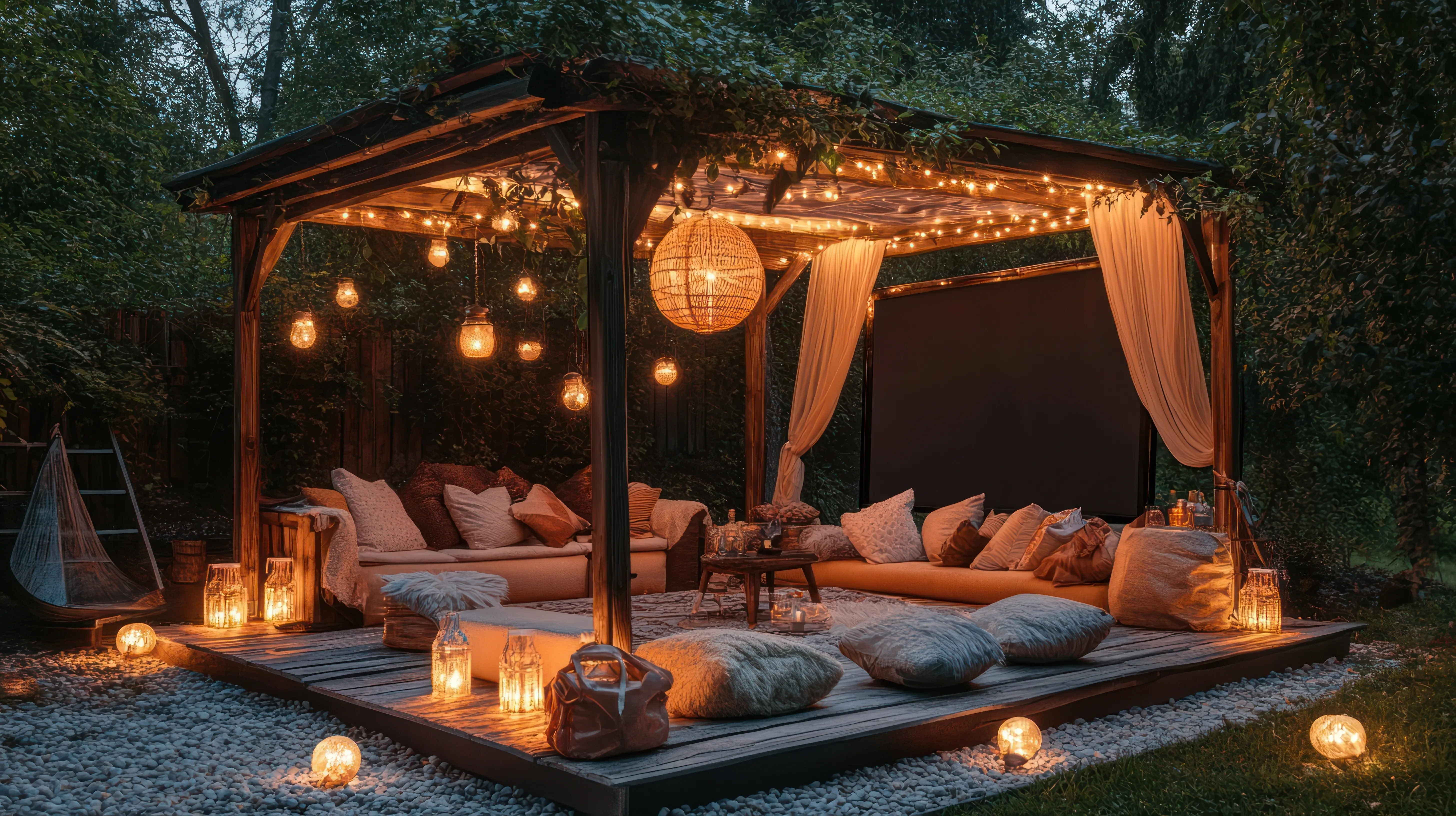 A romantic evening outdoors with gazebo lights and comfortable seating.