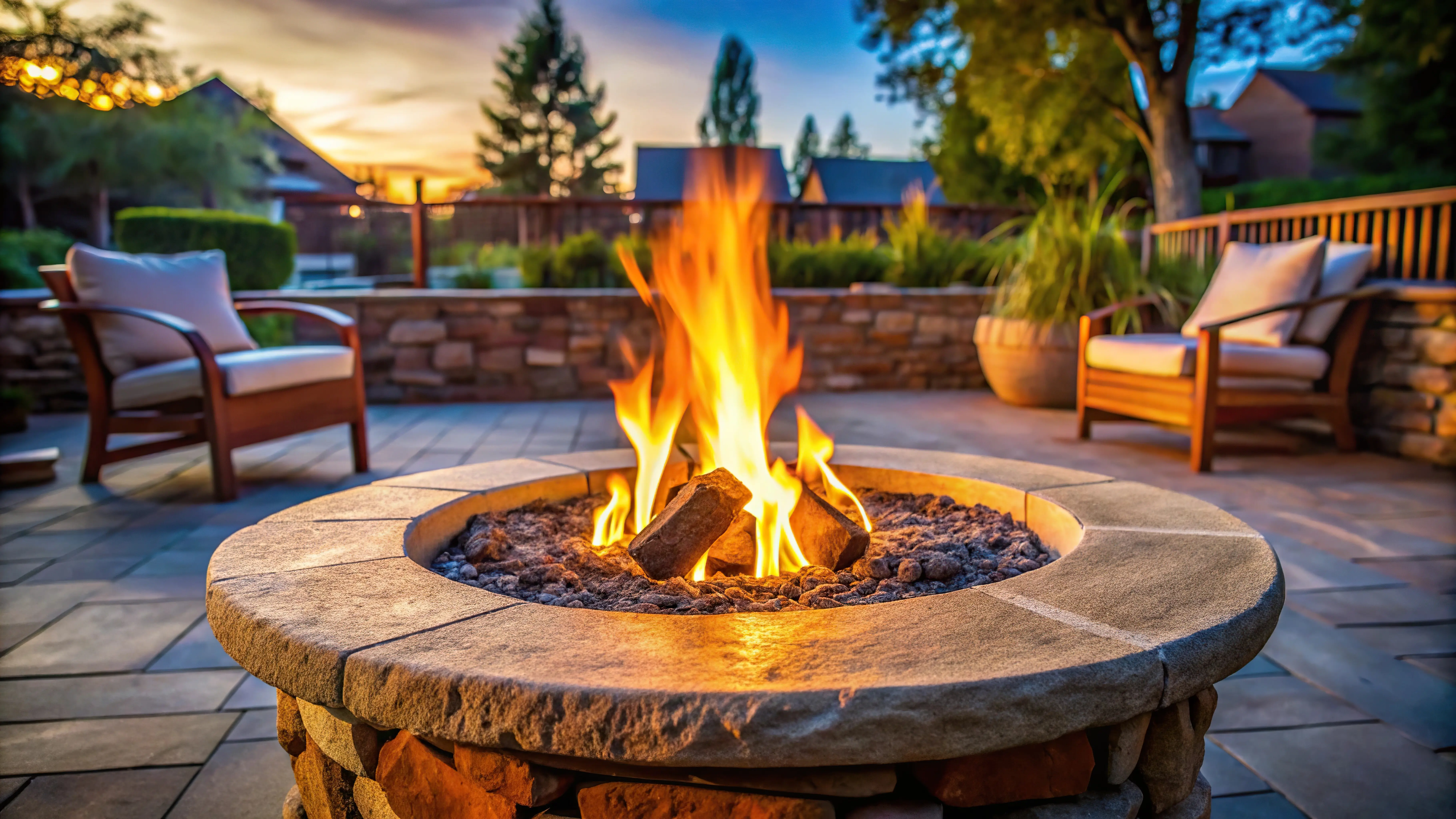 A blazing stone fire pit on a patio on a summer evening.