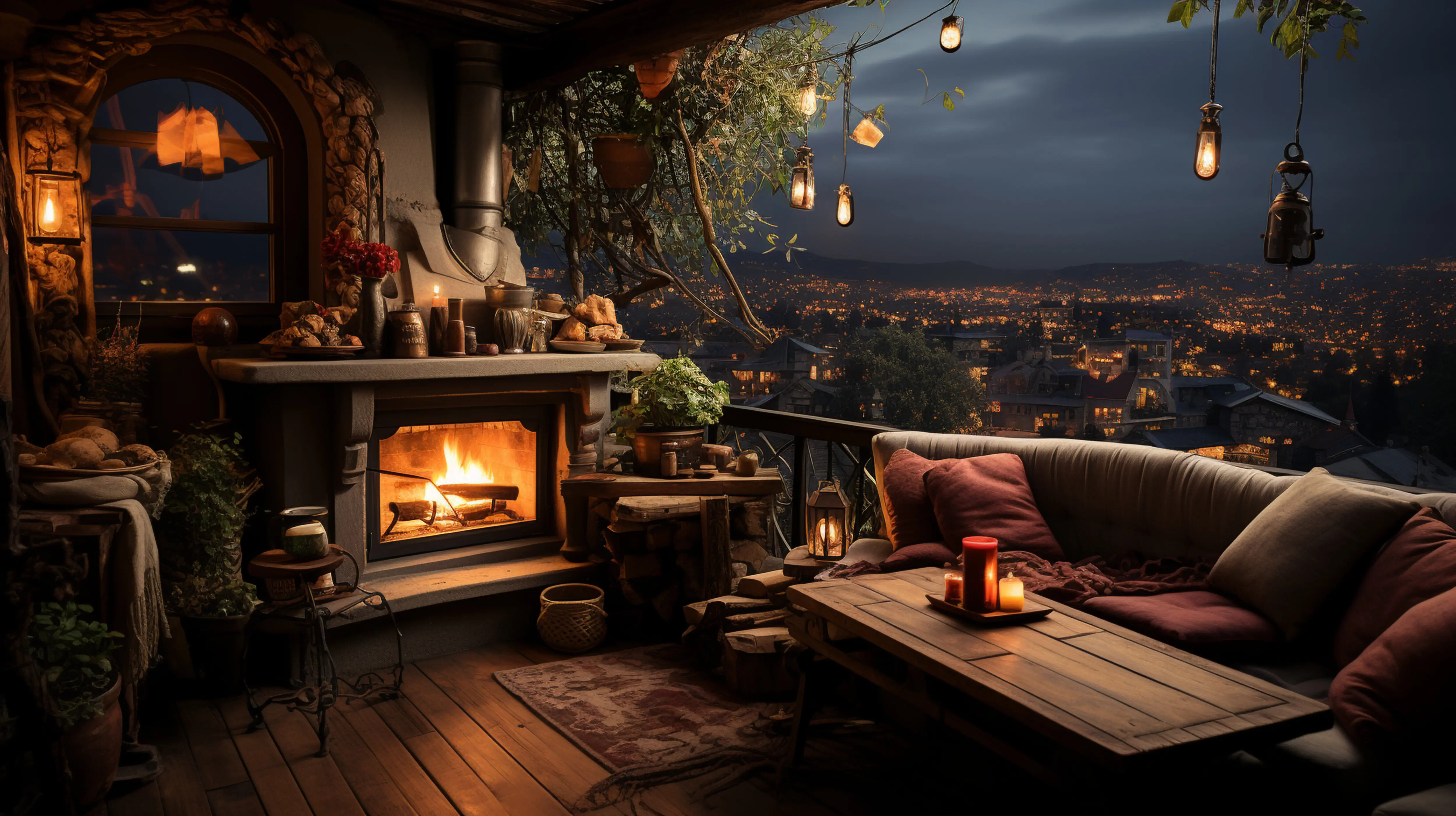 A couch and a table sit on a porch with a fireplace, generative AI.