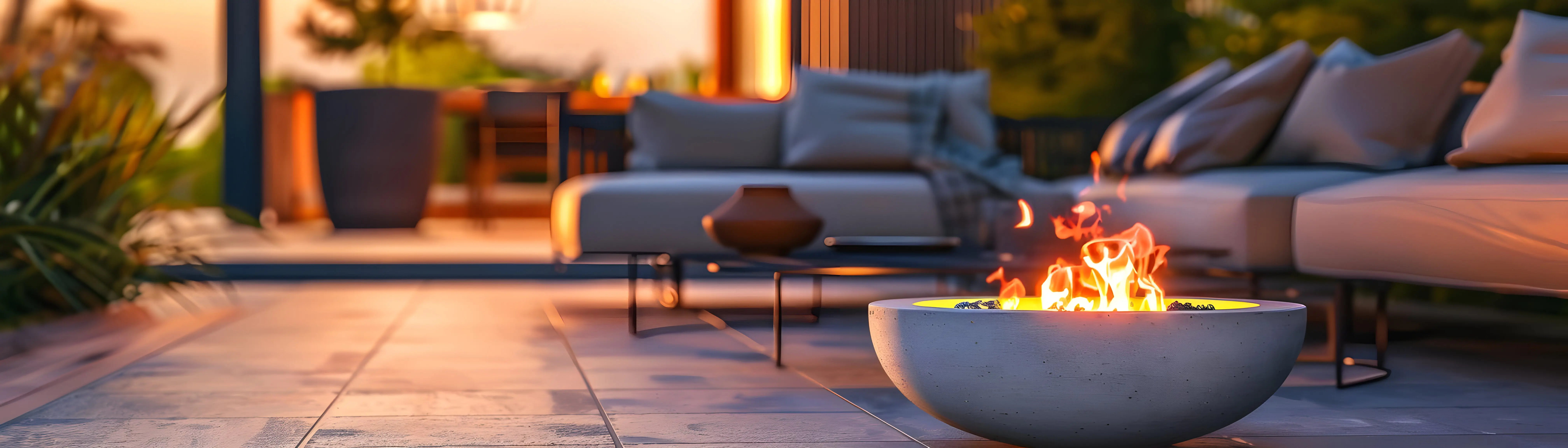 3D illustration of a patio with a fire pit and modern furniture